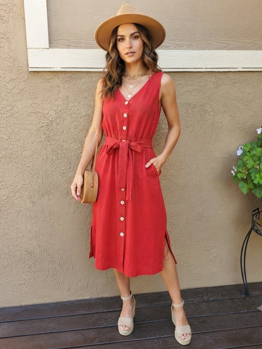 Vintage Thread Red Linen Blend Midi Dress Size M Y2K ResortCottagecore Boho Chic